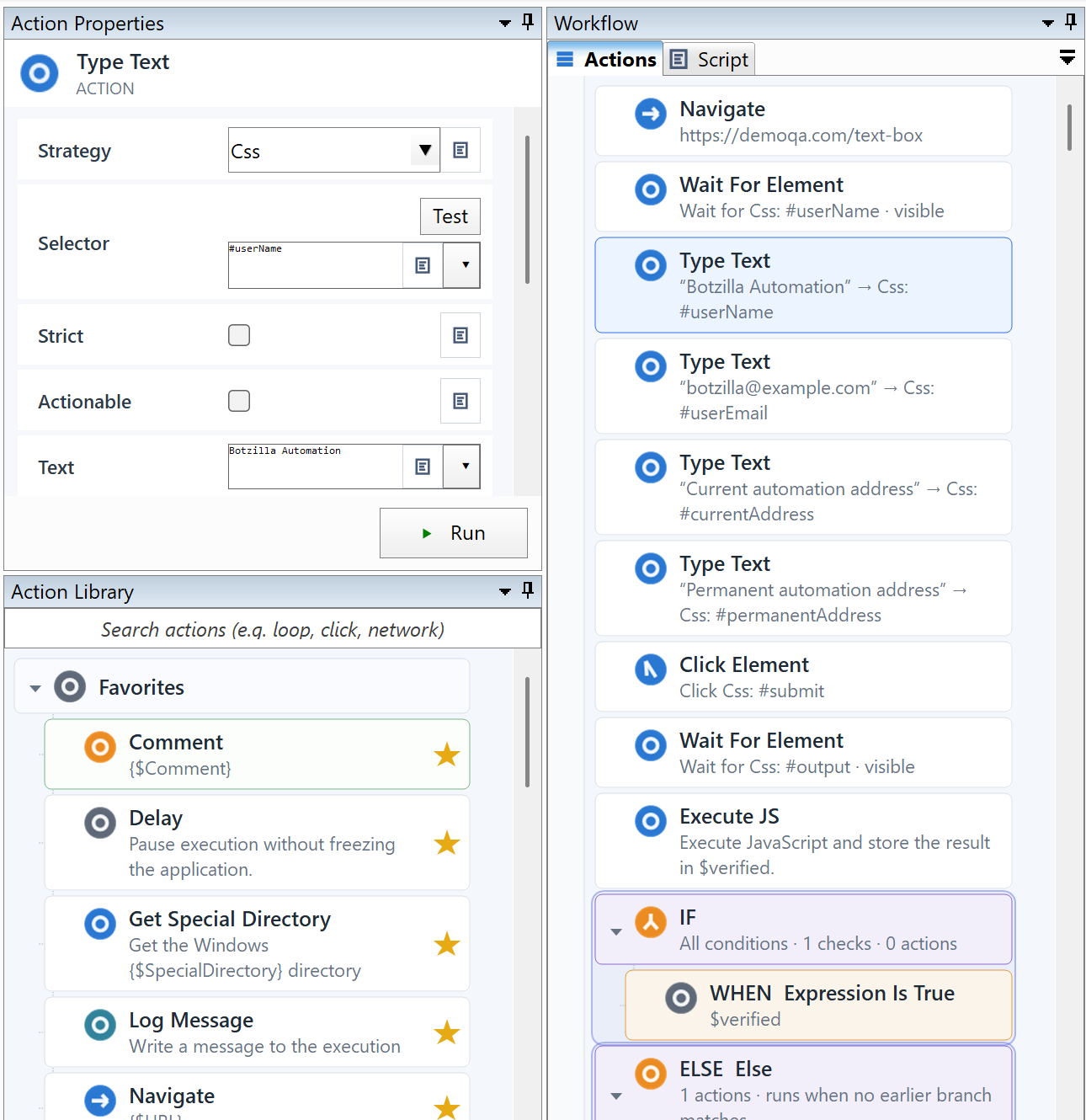 Botzilla action properties beside the workflow and searchable action library.