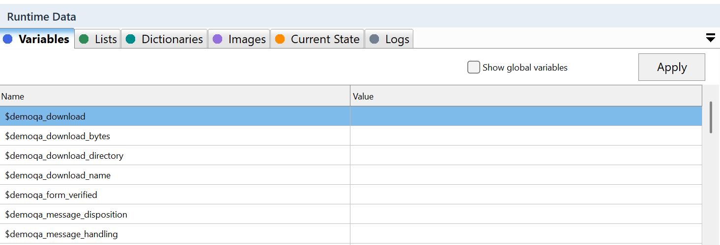 Botzilla Runtime Data showing project variables alongside the browser viewport.