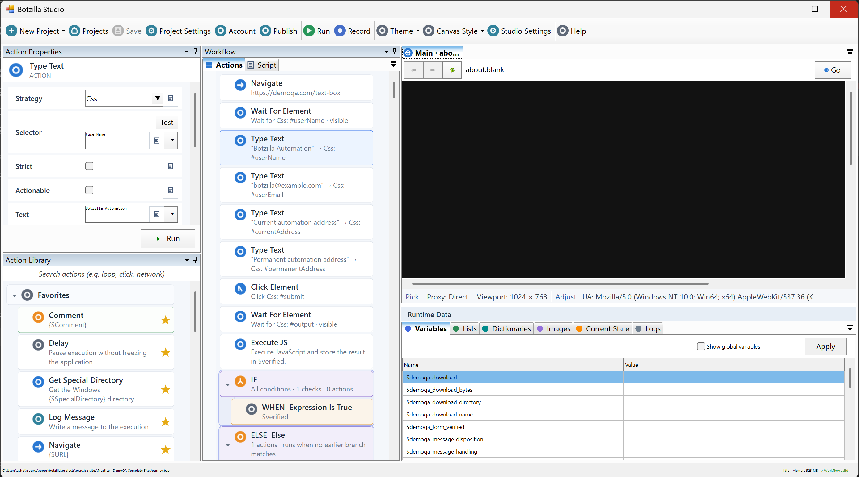 Botzilla Studio with a DemoQA browser automation project open, showing action properties, a visual workflow, the browser, and runtime data.