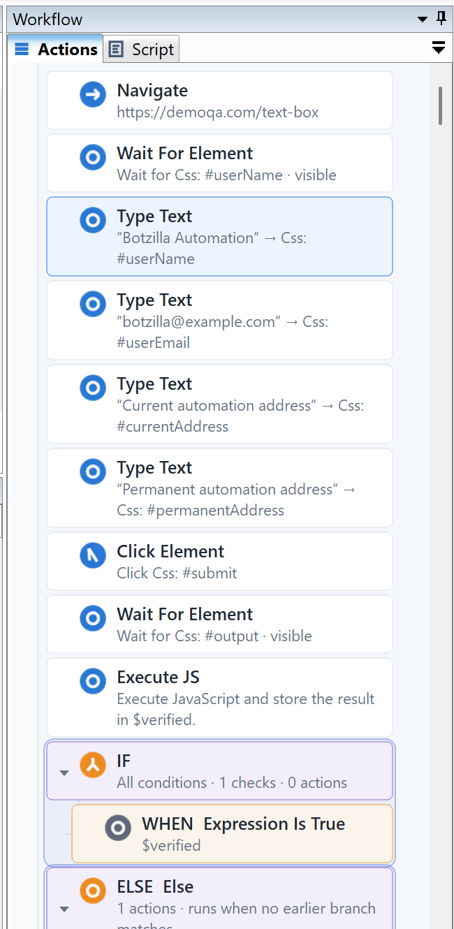 A Botzilla visual workflow with navigation, typing, clicking, waiting, JavaScript, and conditional actions.